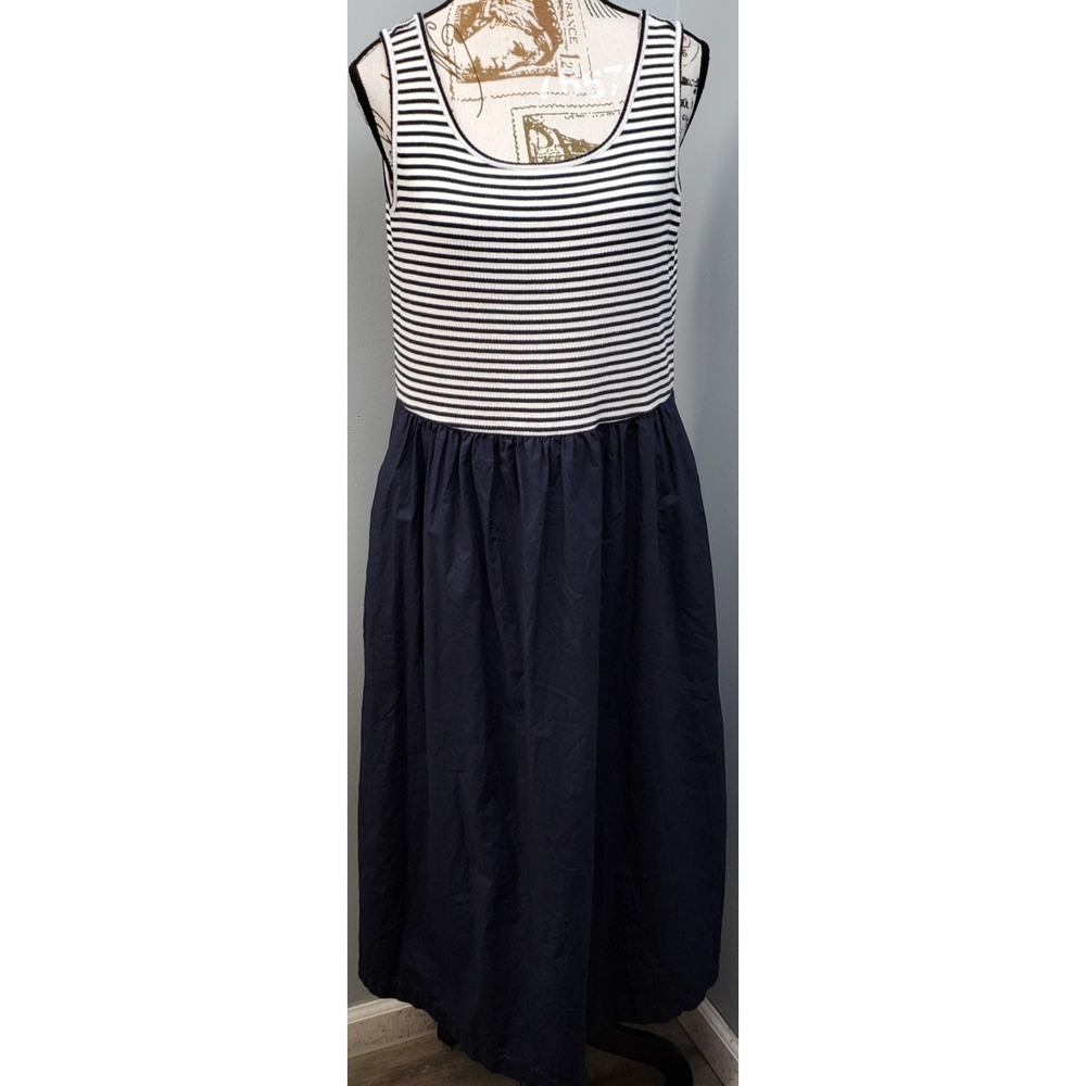 Talbots Ribbed Tank Maxi Dress Womens M Blue White Striped Pockets Sleeveless